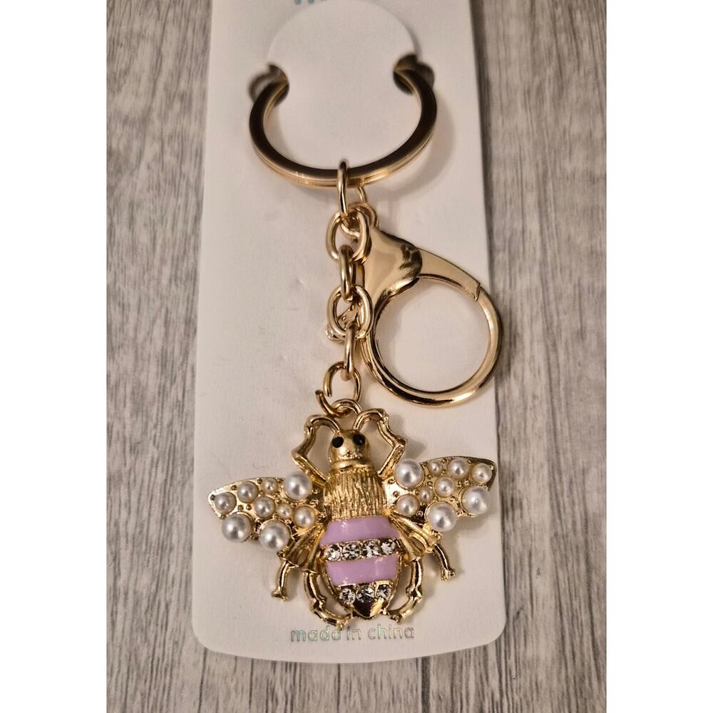 NWT Mint Gold Bumblebee Bag Charm Keychain Pink Rhinestone Pearl Cottagecore